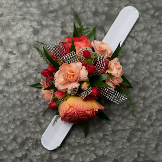 Peach and Coral Wrist Corsage