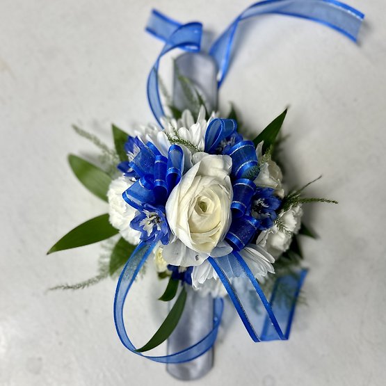 White and Blue Wrist Corsage