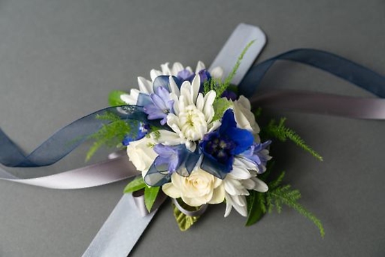 White and Blue Wrist Corsage